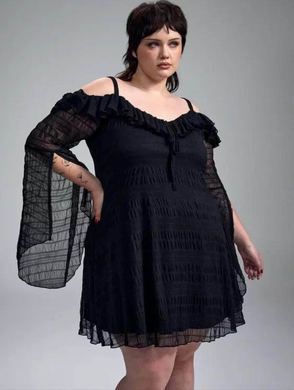 Torrid Nightfall Black Goth Cold Shoulder Ruffle Lace Mini Dress Plus Sz 3X